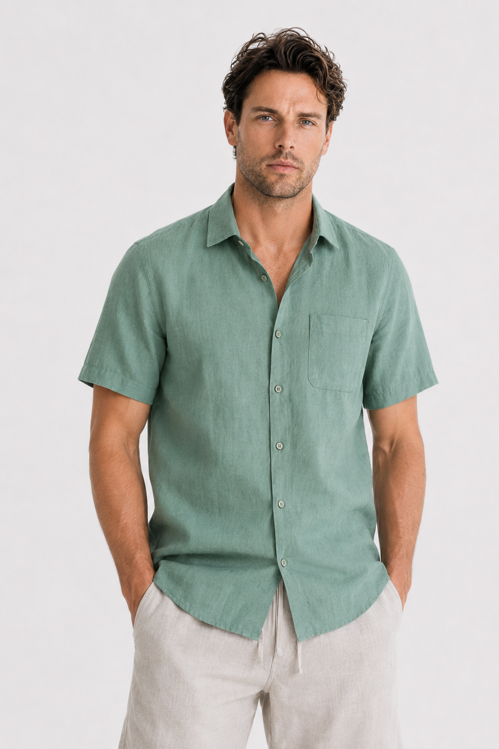 Kurzarm Leinen-Set für den Sommer - Grün-Beige, Leicht & Luftig
