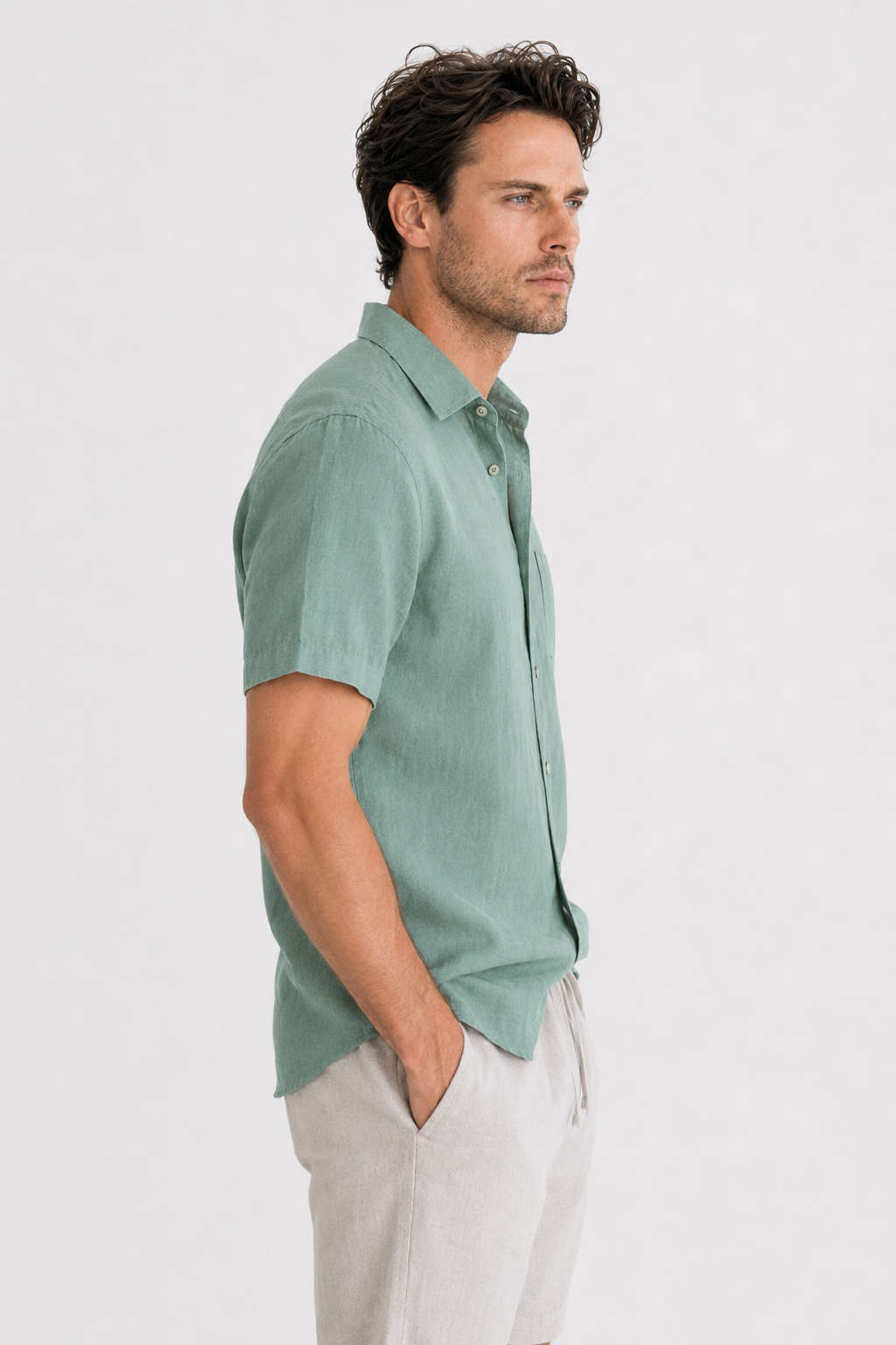 Kurzarm Leinen-Set für den Sommer - Grün-Beige, Leicht & Luftig