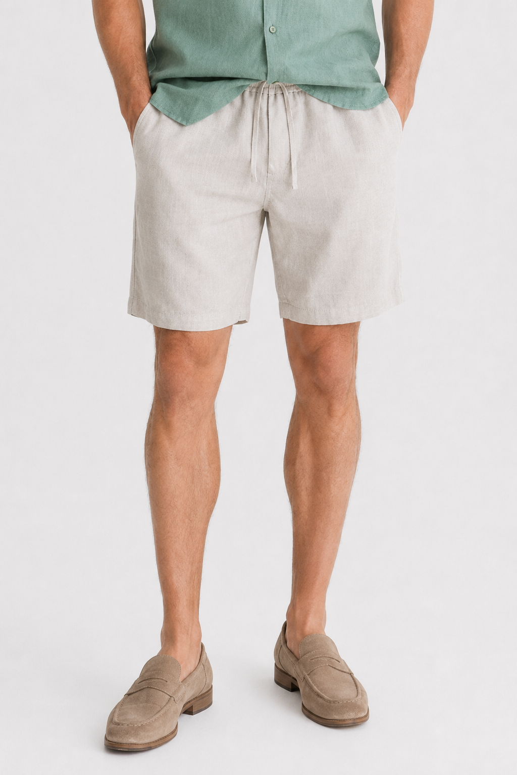 Kurzarm Leinen-Set für den Sommer - Grün-Beige, Leicht & Luftig