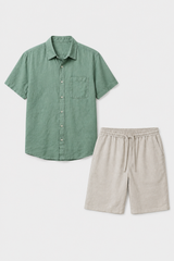 Kurzarm Leinen-Set für den Sommer - Grün-Beige, Leicht & Luftig