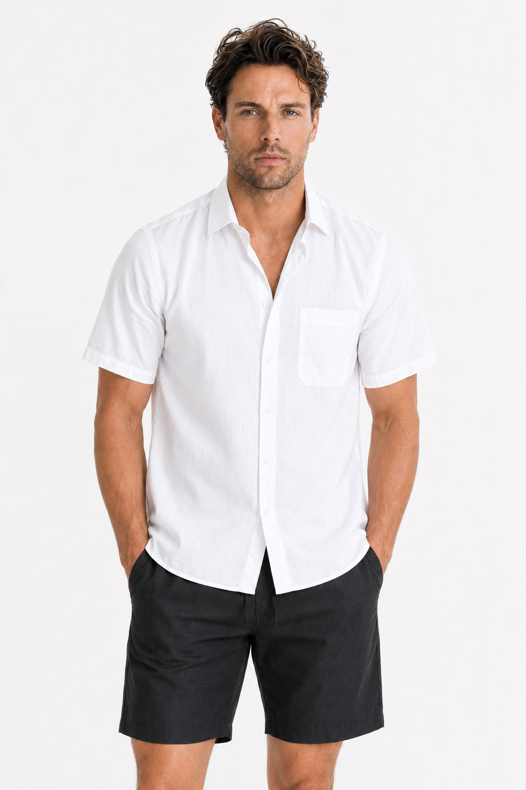 Leinen-Sommer-Set Kurzarm, Weiß-Schwarz, luftig & bequem