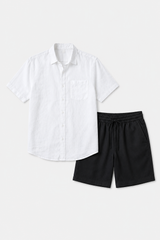 Leinen-Sommer-Set Kurzarm, Weiß-Schwarz, luftig & bequem