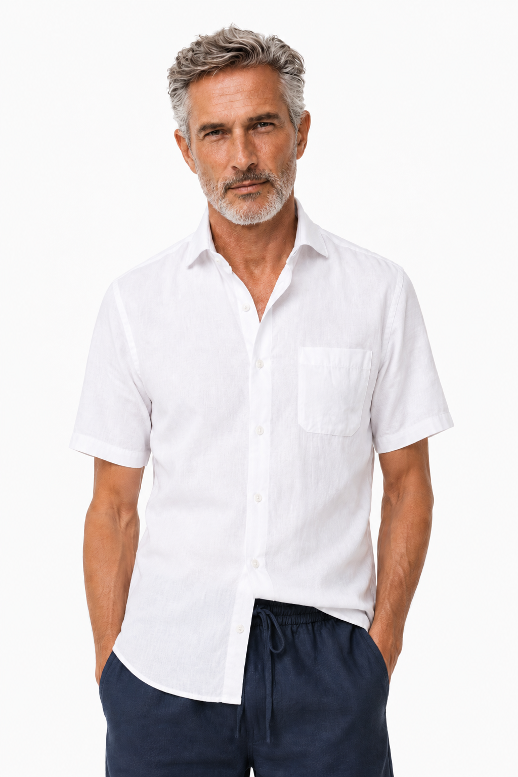 Männer Leinen-Set kurzärmlig - Sommer-Outfit Weiß-Navy
