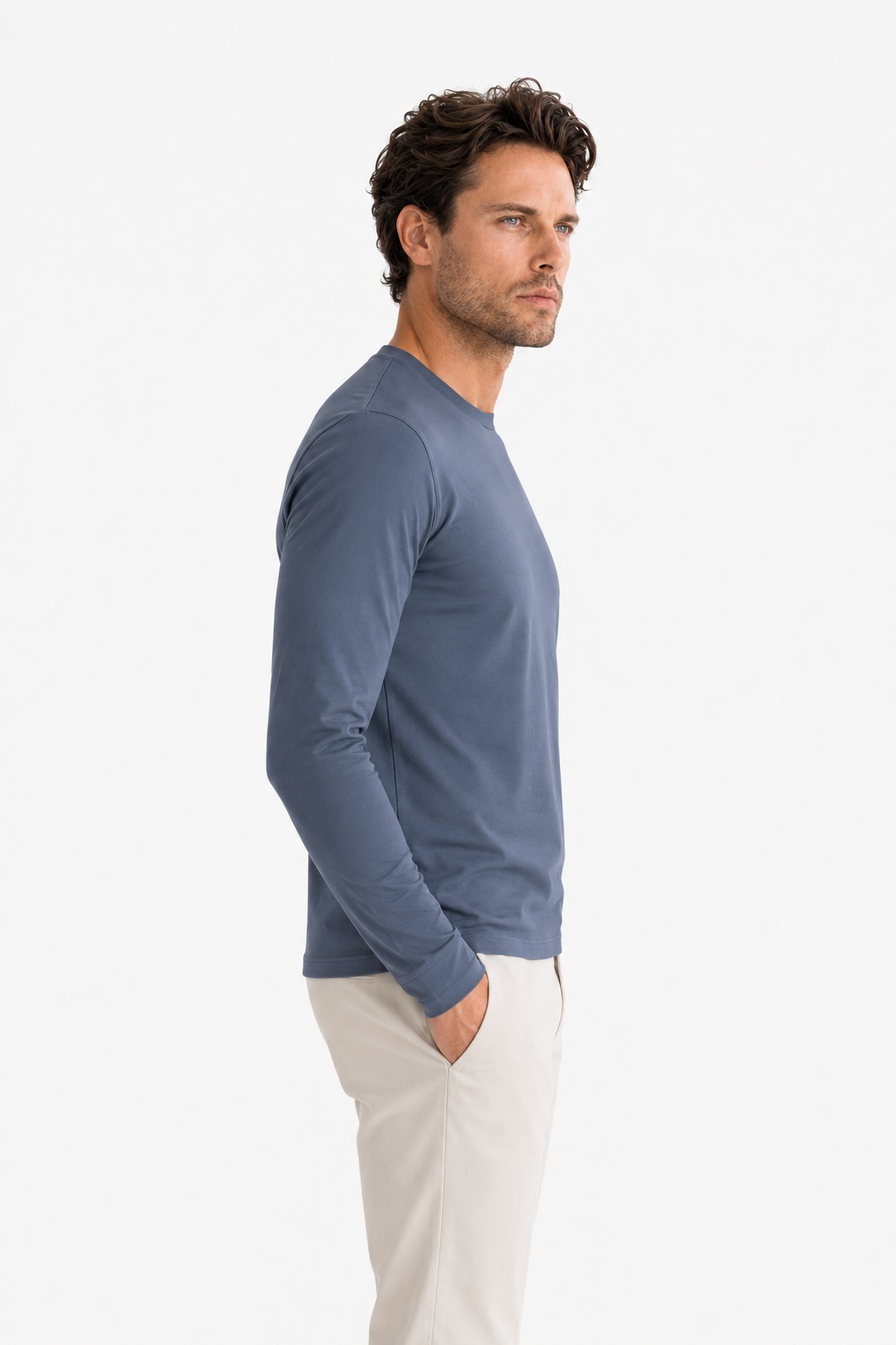 Longsleeve Herren Baumwolle Rundhals Steel Blue
