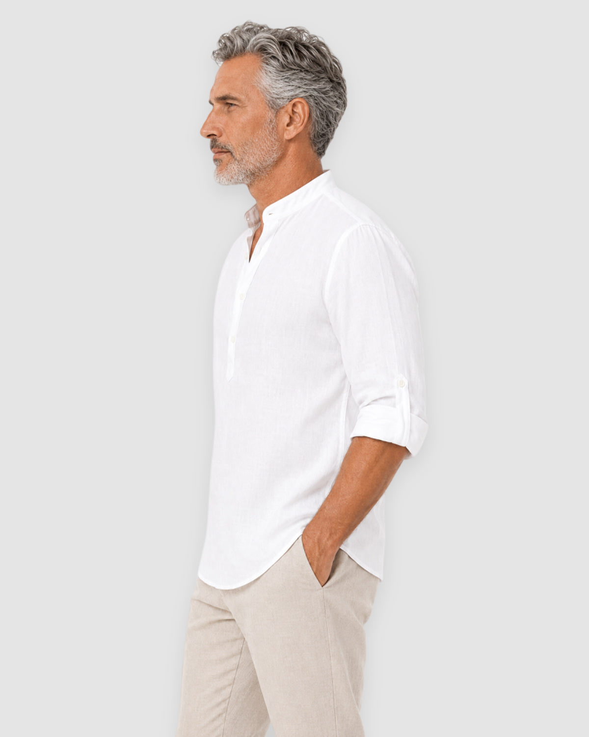 Herren Leinenhemd mit Stehkragen, Langarm – Weiß, Bild 3