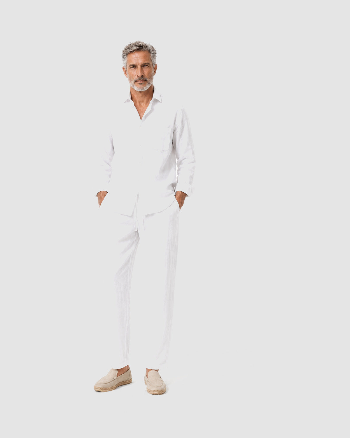 Herren Leinen-Set Langarm mit Hose – Weiß, Bild 2