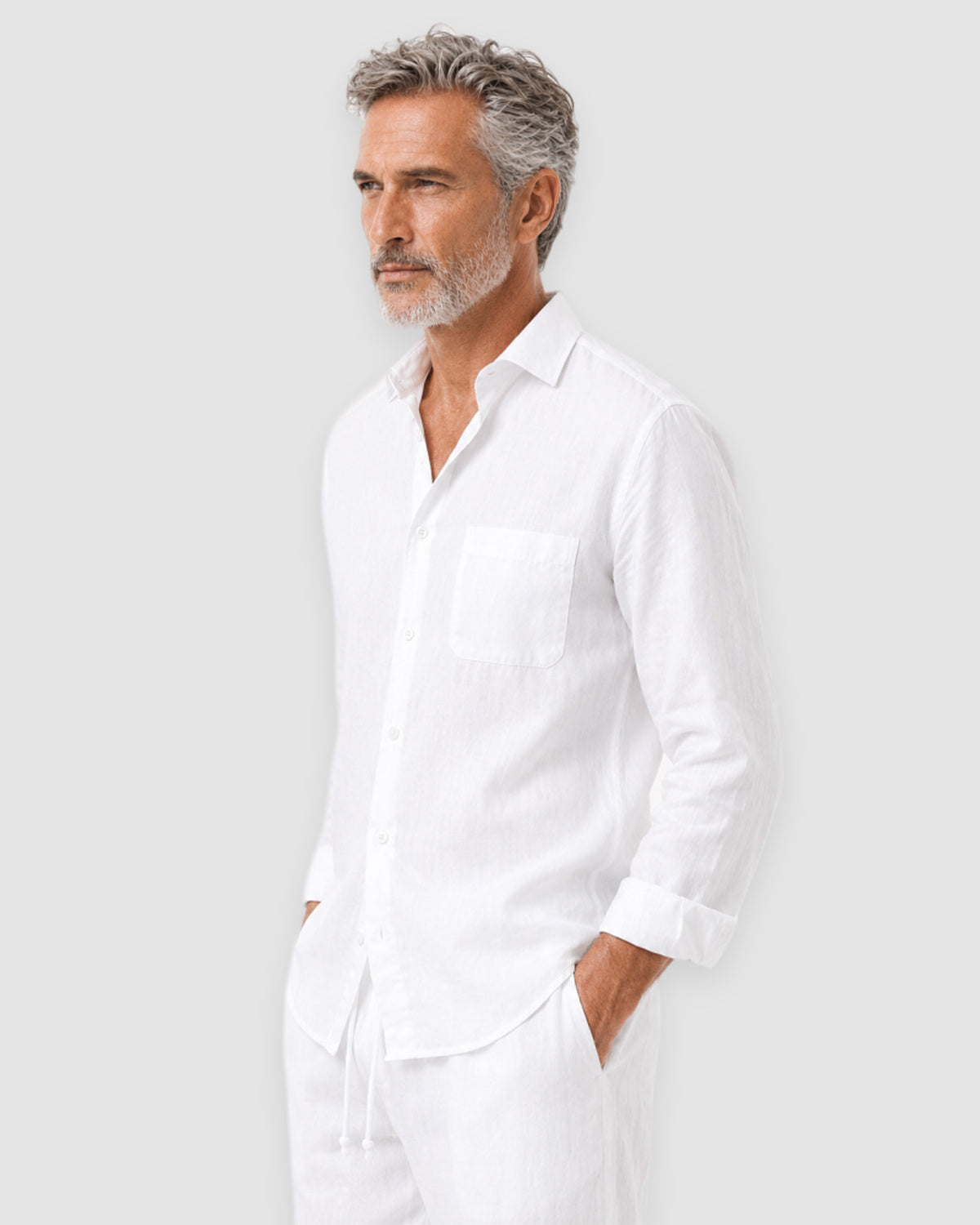 Herren Leinen-Set Langarm mit Hose – Weiß, Bild 5