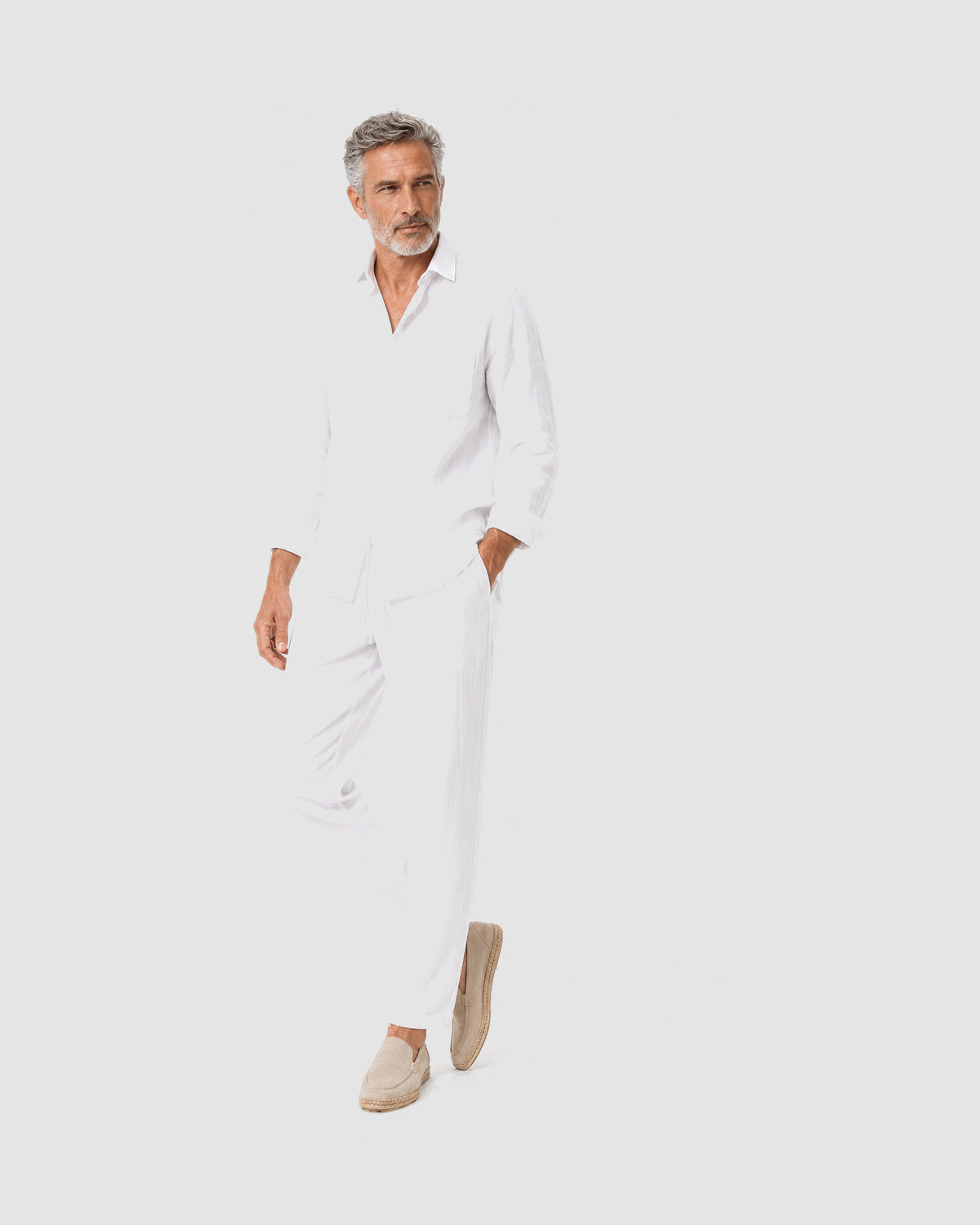 Herren Leinen-Set Langarm mit Hose – Weiß, Bild 6