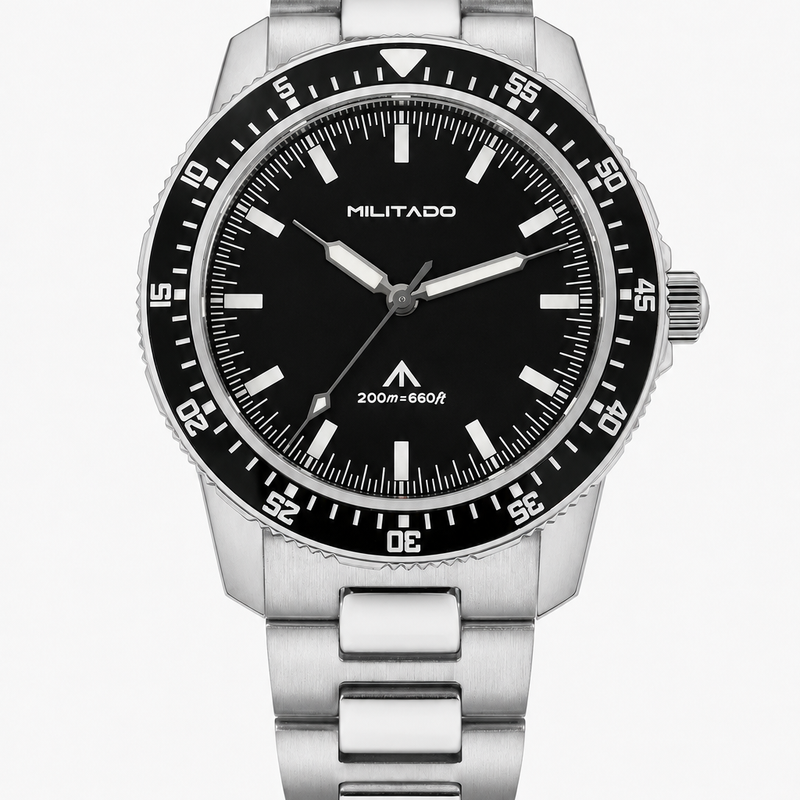 Herren-Quarz-Taucheruhr – Schwarzes Zifferblatt, Edelstahlarmband
