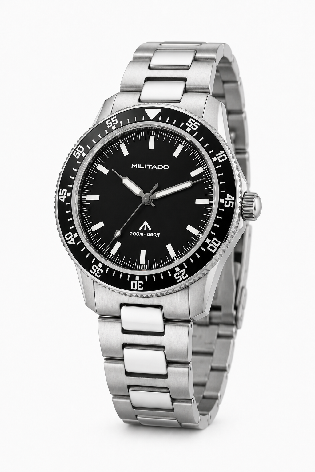 Herren-Quarz-Taucheruhr – Schwarzes Zifferblatt, Edelstahlarmband