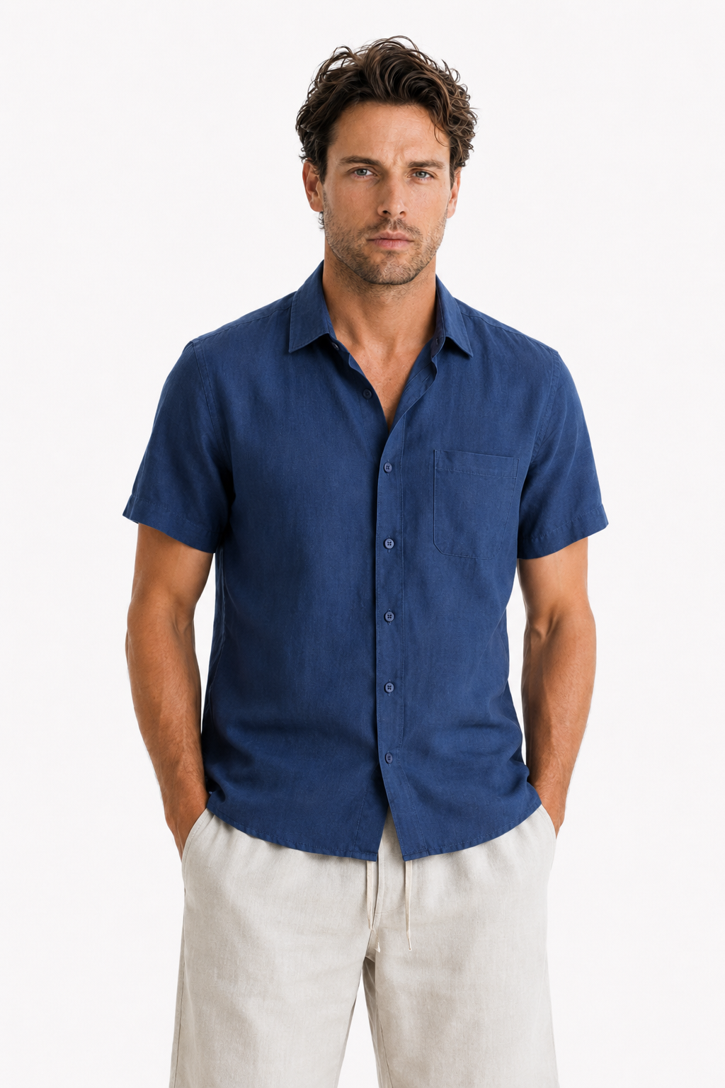 Männer Leinen-Set Kurzarm Marineblau/Beige - Leicht & Atmungsaktiv