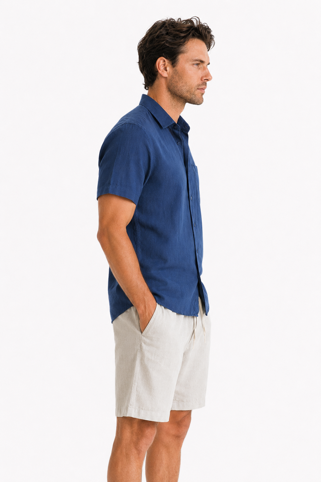 Männer Leinen-Set Kurzarm Marineblau/Beige - Leicht & Atmungsaktiv