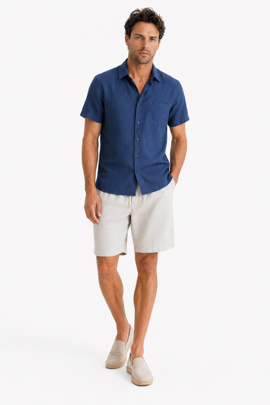 Männer Leinen-Set Kurzarm Marineblau/Beige - Leicht & Atmungsaktiv