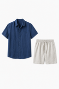 Männer Leinen-Set Kurzarm Marineblau/Beige - Leicht & Atmungsaktiv