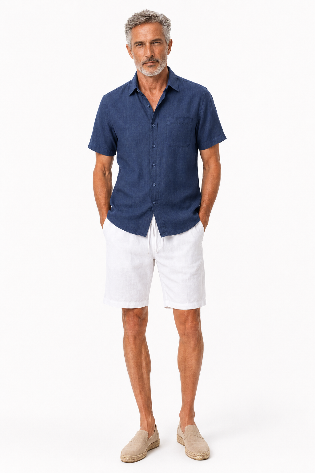 Männer Leinen Sommer Set Kurzarm Marineblau Weiß
