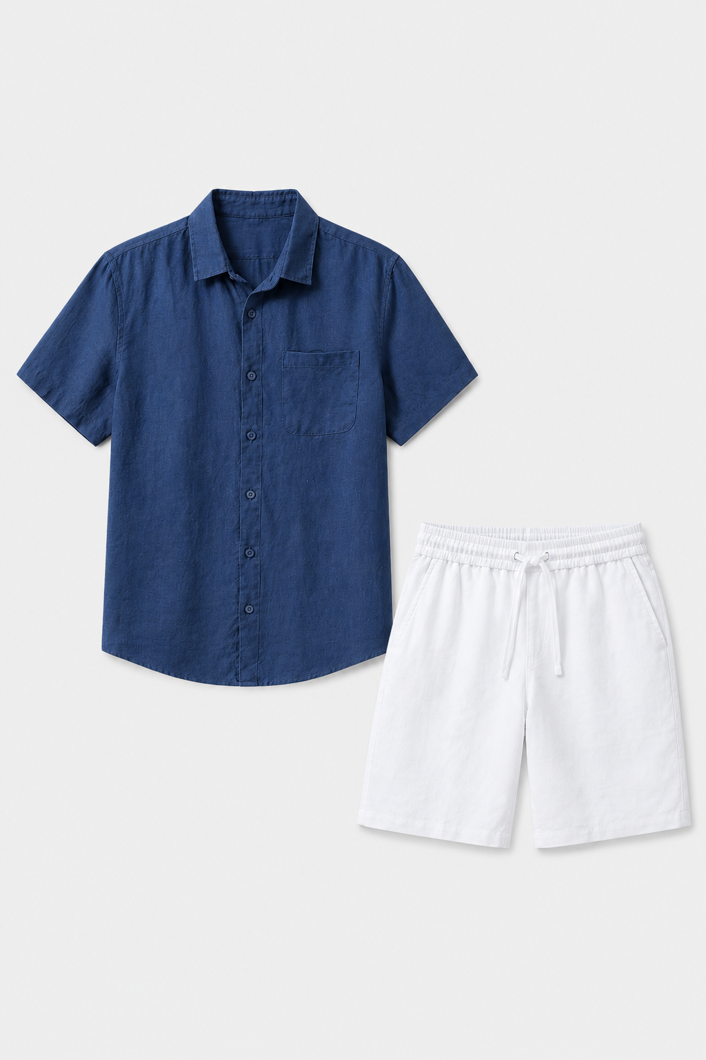 Männer Leinen Sommer Set Kurzarm Marineblau Weiß