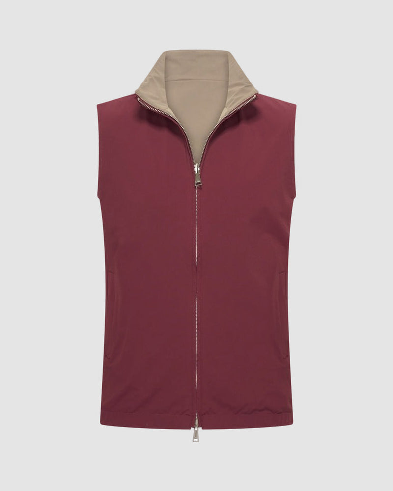 Heren omkeerbare gewatteerde mouwloze bodywarmer – kersenrood & taupe