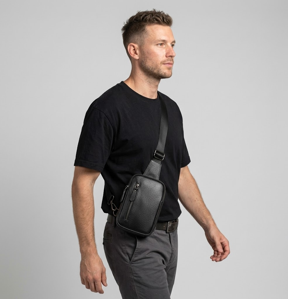 Schwarze Herren Sling Bag aus Echtleder mit Reißverschlussfächern