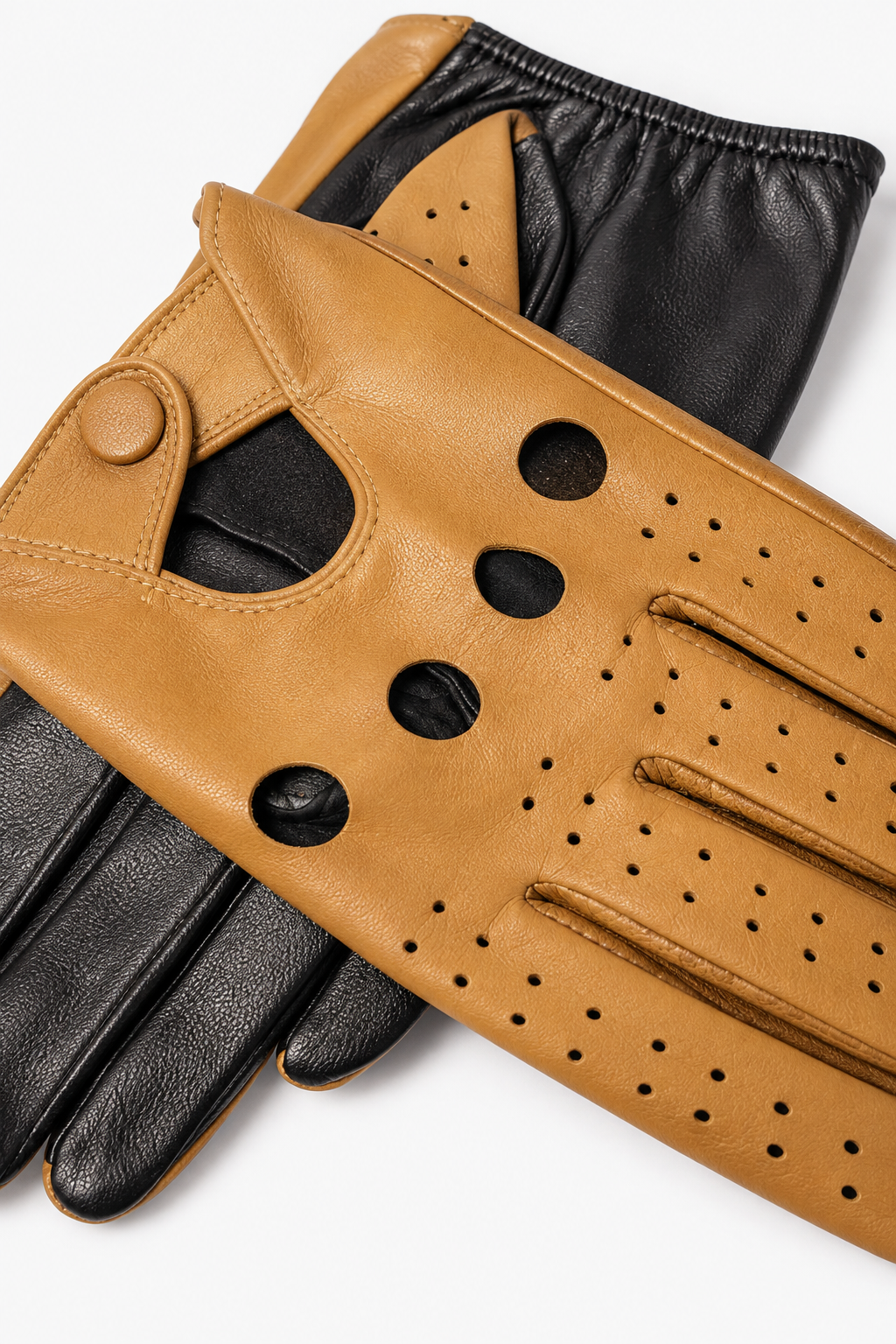 Tan-schwarze perforierte Vollfinger-Fahrerhandschuhe