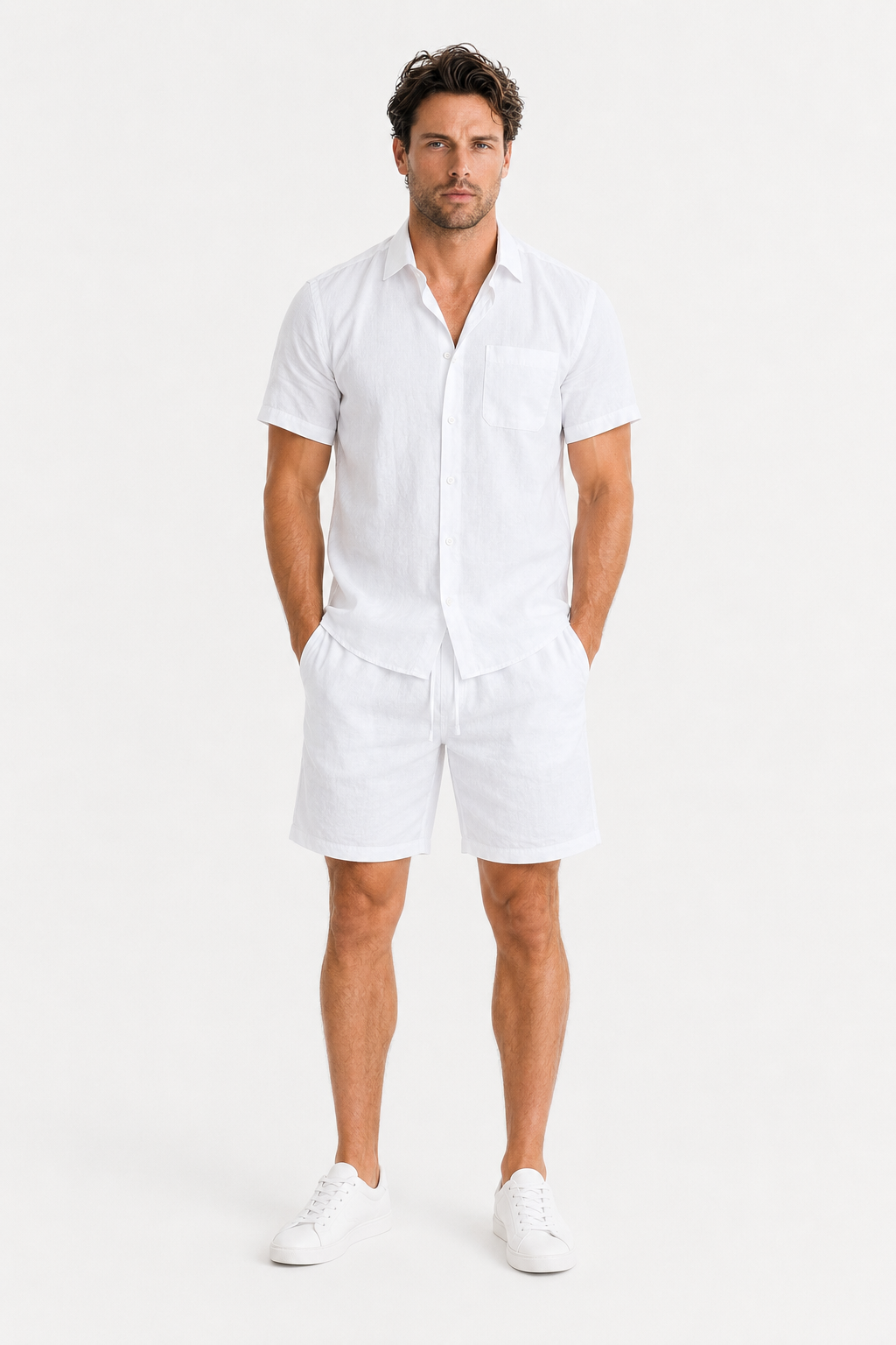 Männer Sommer Kurzarm-Set aus Leinen - Weiß & Atmungsaktiv