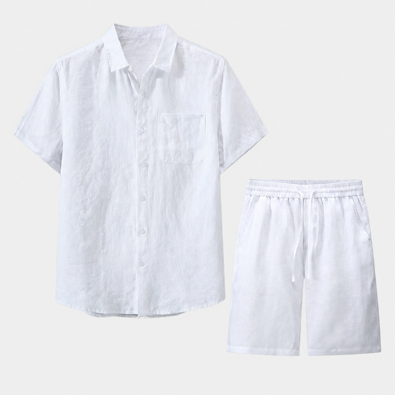 Männer Sommer Kurzarm-Set aus Leinen - Weiß & Atmungsaktiv