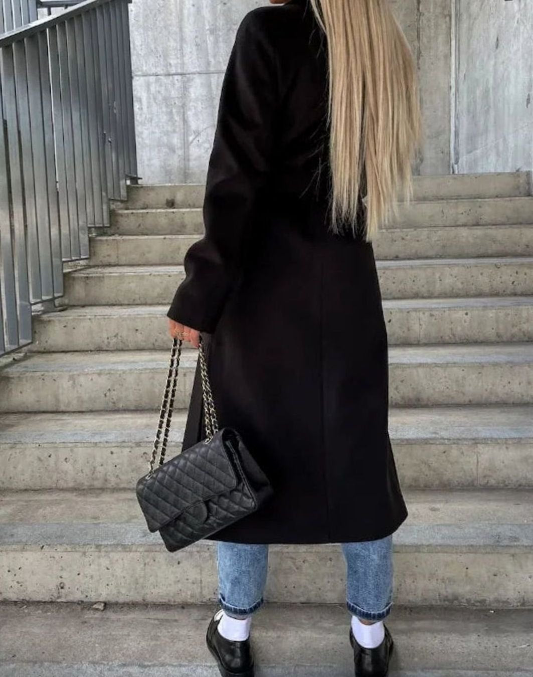 Women's Double-Breasted Long Coat with Lapel Collar