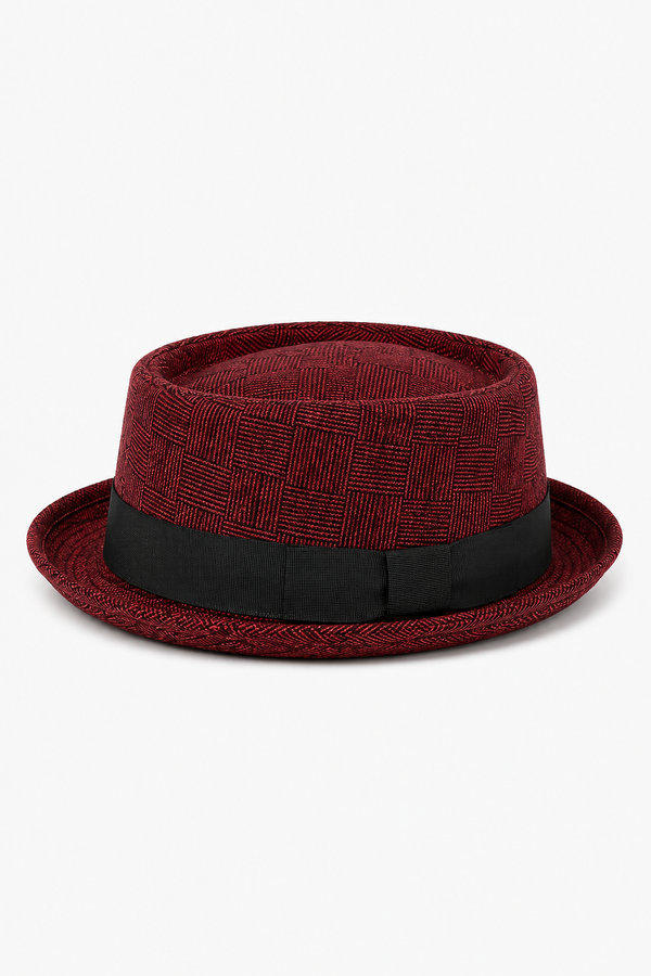 Herren Fedora-Hut Weinrot mit Karomuster und Hutband